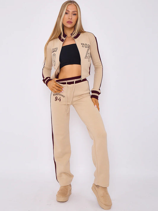 EMBROIDERED HAMPTON ZIP UP CROPPED TOP & JOGGER FLEECE TRACKSUIT