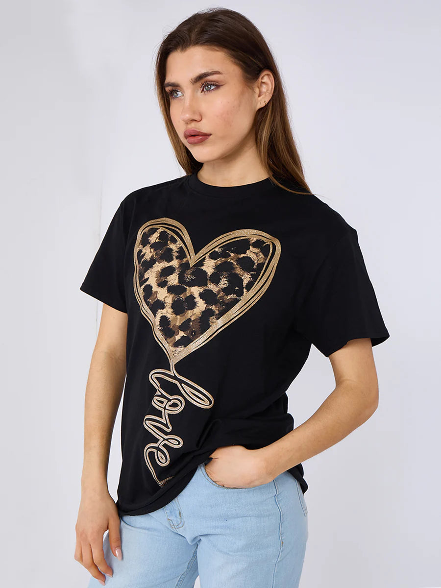 LEOPARD HEART GRAPHIC PRINTED T-SHIRT