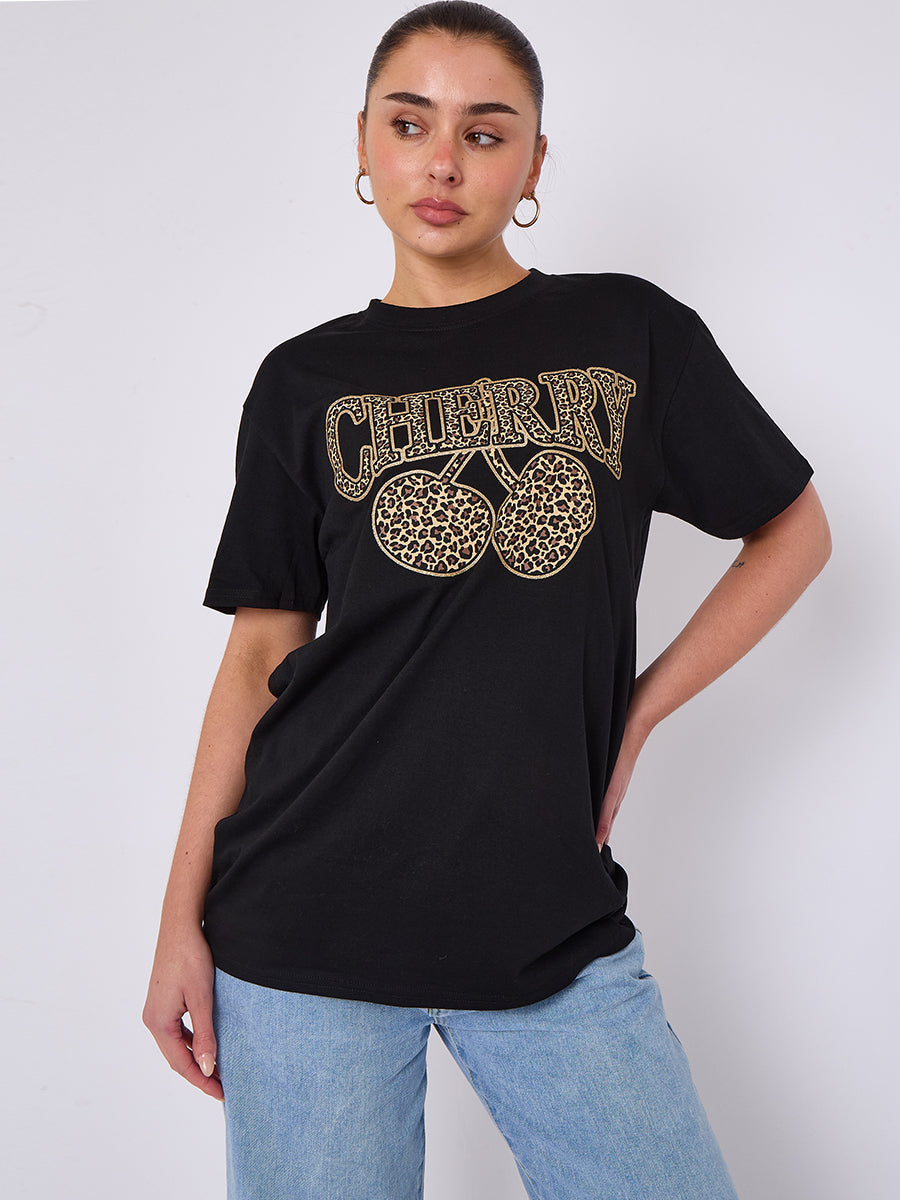 Leopard Cherry Graphic Printed T-Shirt