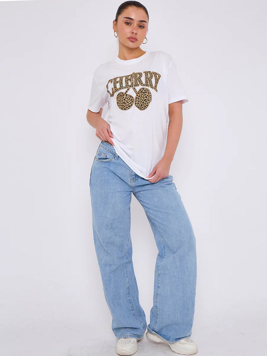 LEOPARD CHERRY GRAPHIC PRINTED T-SHIRT