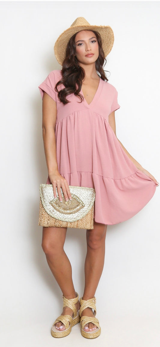 Plain V Neck Smock Dress
