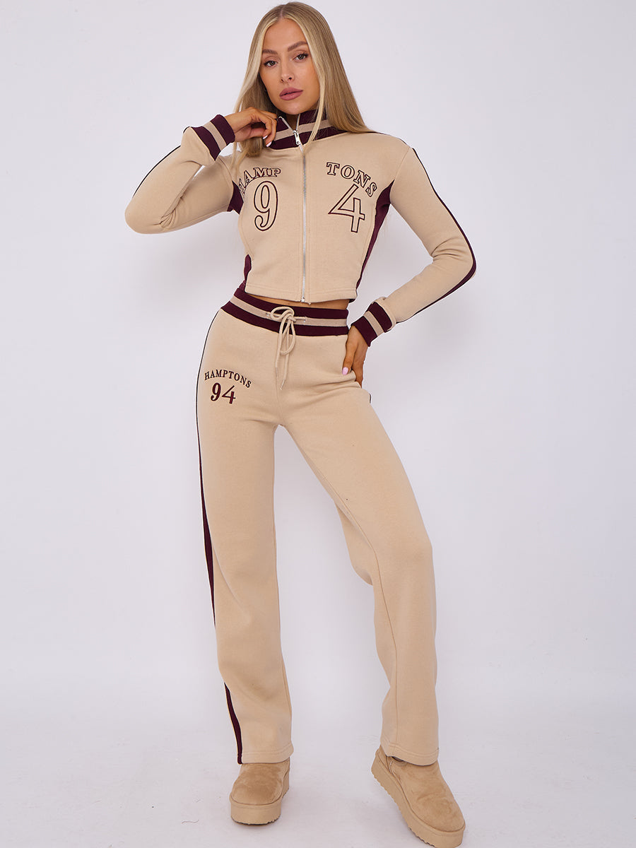 EMBROIDERED HAMPTON ZIP UP CROPPED TOP & JOGGER FLEECE TRACKSUIT
