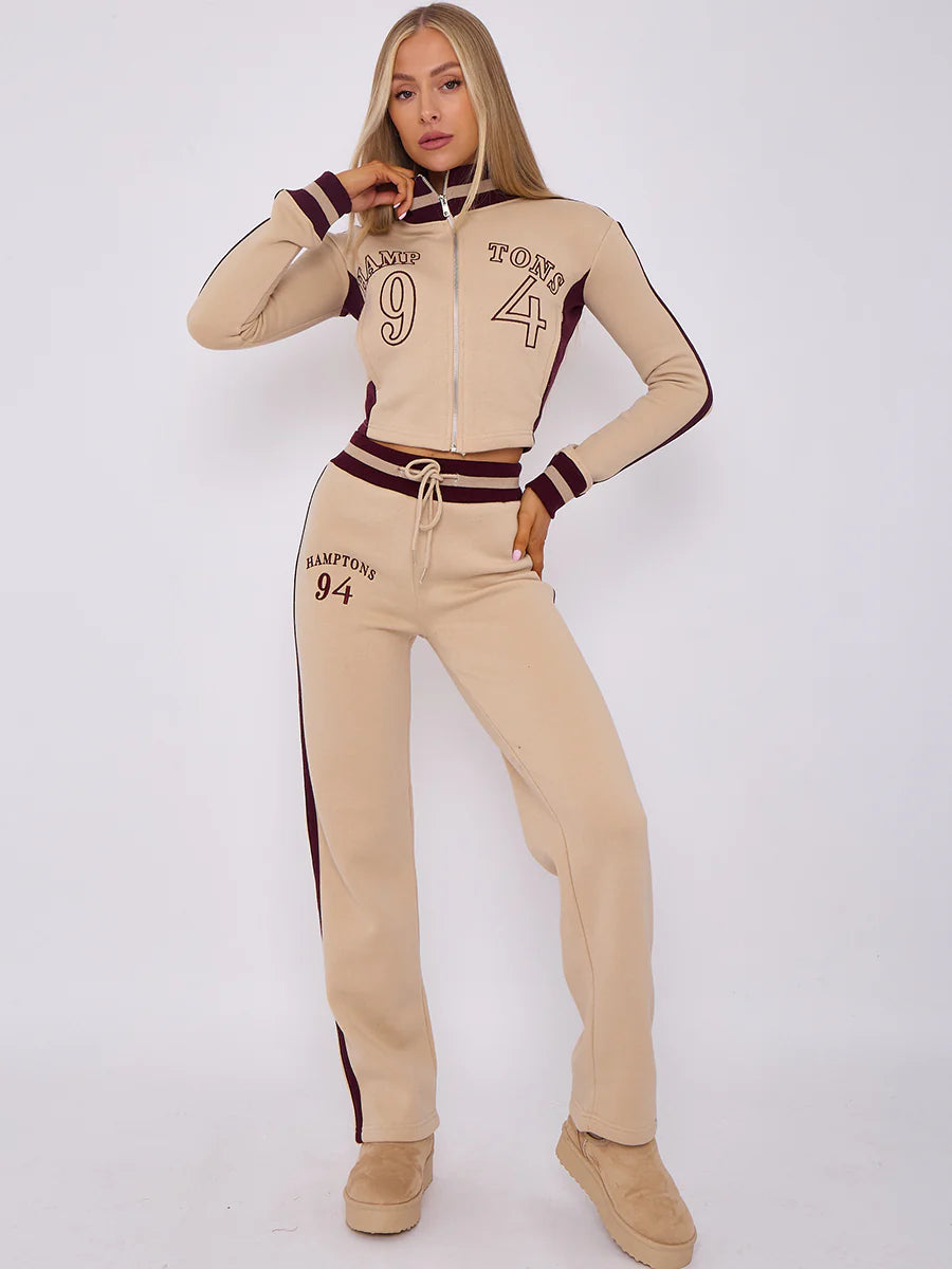 EMBROIDERED HAMPTON ZIP UP CROPPED TOP & JOGGER FLEECE TRACKSUIT