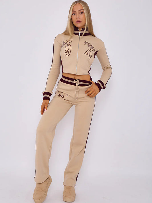 EMBROIDERED HAMPTON ZIP UP CROPPED TOP & JOGGER FLEECE TRACKSUIT