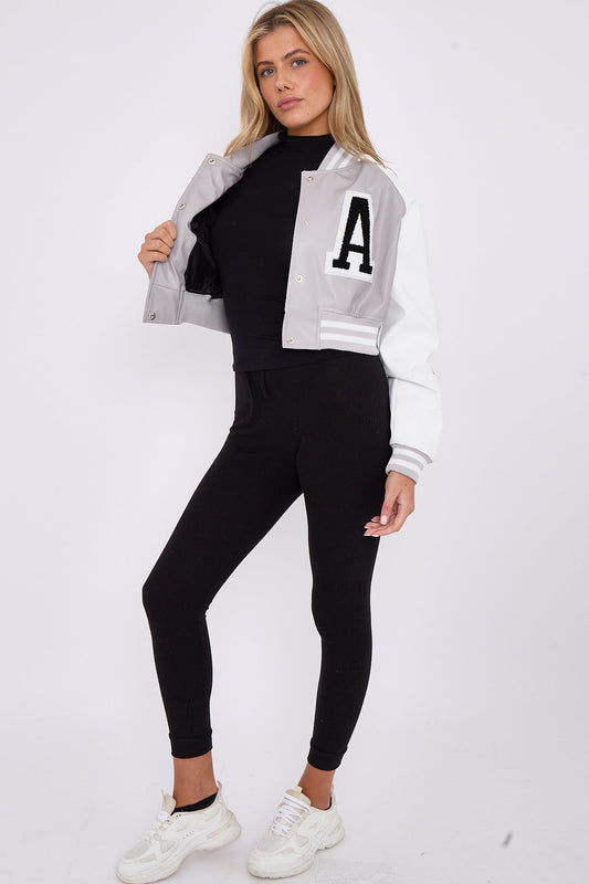 PU CROPPED VARSITY JACKET