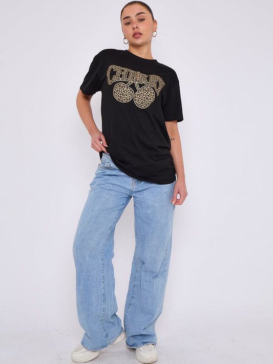 Leopard Cherry Graphic Printed T-Shirt